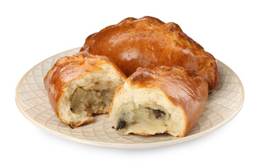 Delicious baked patties with potato and mushrooms on white background