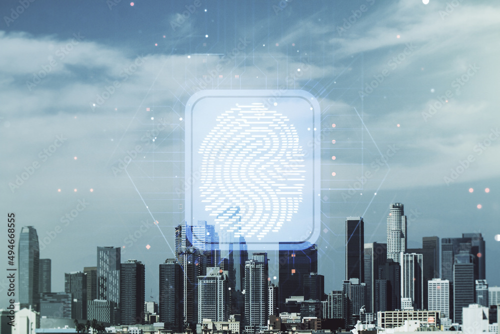 Leinwandbilder multi exposure of virtual graphic fingerprint sketch on los angeles cityscape background fingerprint