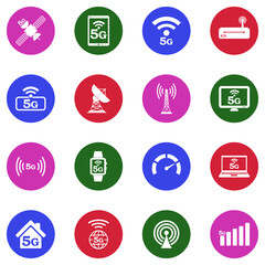 5G Technology Icons. White Flat Design In Circle. Vector Illustration.