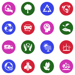 Save Earth Icons. White Flat Design In Circle. Vector Illustration.