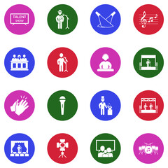 Talent Show Icons. White Flat Design In Circle. Vector Illustration.