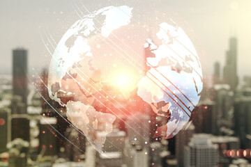 Double exposure of abstract digital world map hologram on blurry office buildings background, big data and blockchain concept