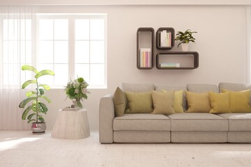 White living room with sofa. Scandinavian interior design. 3D illustration