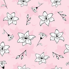 Hand drawn black and white lily flower seamless pattern in cute doodle style on pink background. Vector illustration for fabric, baby girl, woman, textile, wrapping paper and more.