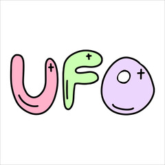 Vector Lettering UFO drawn in a flat style. Pink comet sticker. Children's space illustration.