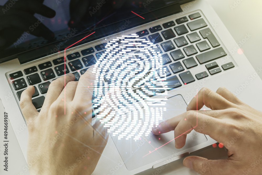 Poster double exposure of abstract creative fingerprint hologram with hands typing on laptop on background,