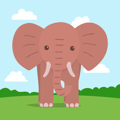 Cute elephant on a nature background. African wild animal. Safari and zoo. Vector cartoon baby illustration