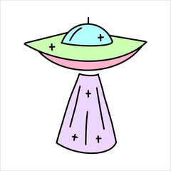 Vector Green and Pink flying saucer in flat style. Ufo sticker in children's style.