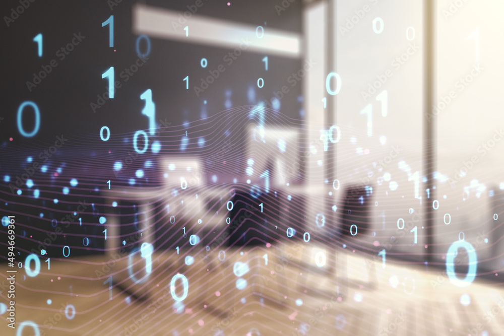 Poster creative abstract binary code hologram and modern desktop with pc on background, ai and machine lear
