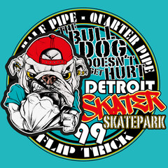 Angry bulldog clenching his fists mascot of a skatepark. Skater bulldog with a red snapback and piercings inside a coat of arms with a fence in the background. Skateboarding illustration concept.