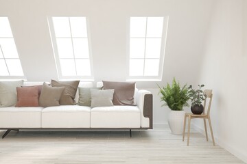 White living room with sofa. Scandinavian interior design. 3D illustration