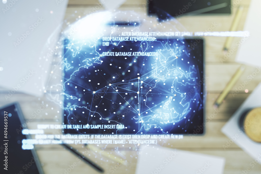 Aufkleber Double exposure of abstract creative programming illustration with world map and modern digital tablet on background, big data and blockchain concept