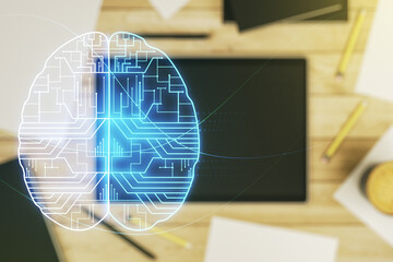 Double exposure of creative artificial Intelligence symbol and digital tablet on background, top view. Neural networks and machine learning concept