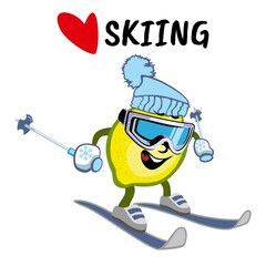 Lemon on skis is a cartoon character. Illustration on a white background.