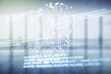 Double exposure of abstract virtual creative code skull hologram on empty modern office background. Malware and cyber crime concept