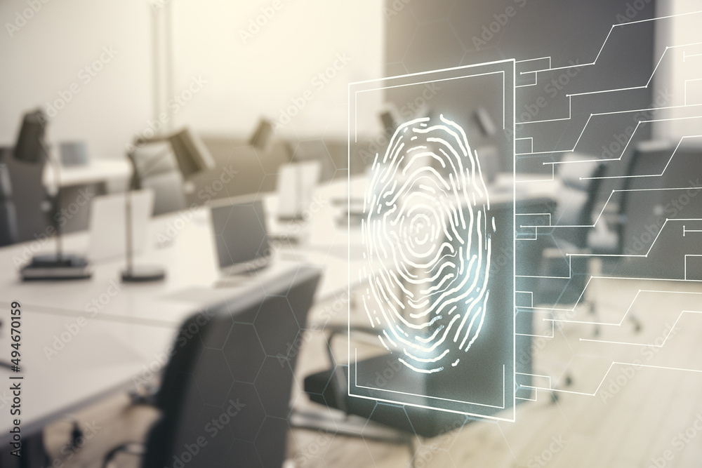 Poster Multi exposure of virtual abstract fingerprint illustration on a modern furnished office background, digital access concept