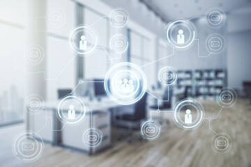 Abstract virtual social network hologram on a modern furnished classroom background. Double exposure