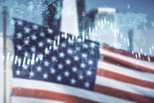 Multi exposure of virtual abstract financial chart hologram and world map on USA flag and blurry skyscrapers background, research and analytics concept
