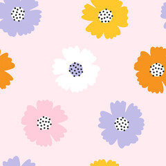 Retro colored five petal flowers seamless repeat vector pattern