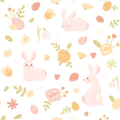Easter seamless pattern with cute bunnies, eggs, flowers, branches and leaves in pastel colors on white background. Vector illustration with pink rabbit for holiday packaging, spring fabric, paper.	
