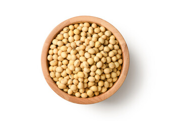Flat lay  of Soybeans in wooden bowl isolated on white background. Clipping path.