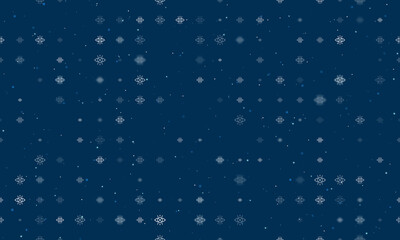 Seamless background pattern of evenly spaced white vision symbols of different sizes and opacity. Vector illustration on dark blue background with stars