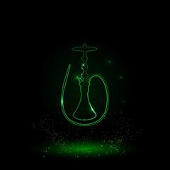 A large green outline hookah symbol on the center. Green Neon style. Neon color with shiny stars. Vector illustration on black background