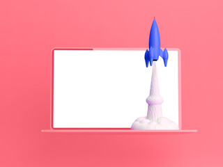 Launching new product or service. Startup concept, metaphor. Space rocket launch and laptop computer. 3d render