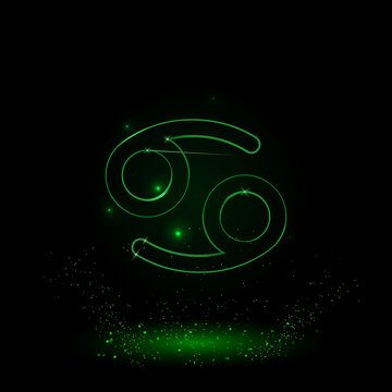 A large green outline cancer zodiac symbol on the center. Green Neon style. Neon color with shiny stars. Vector illustration on black background