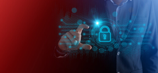 Cyber security network. Padlock icon and internet technology networking. Businessman protecting data personal information on tablet and virtual interface. Data protection privacy concept. GDPR. EU