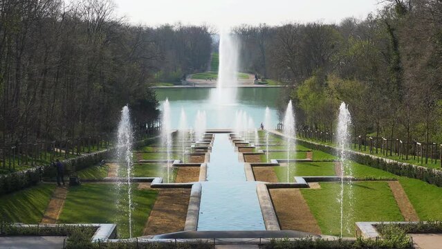 Grande Cascade in public Departemental Parc de Sceaux with Octogone Pool and Fountain in the background. Shot at early morning in March - Hauts-de-Seine, France.