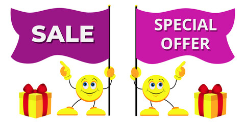 Fototapeta premium Two cartoon men, emoticons hold purple flags with the inscription SALE, SPECIAL OFFER on a white background. Sales concept for a store, website. Vector illustration.