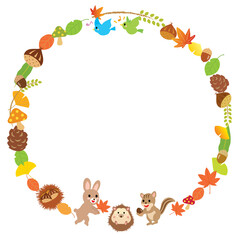 秋の葉っぱや食べ物と森の動物たちの丸いフレーム
