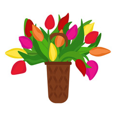 Bouquet of tulips in a wicker basket, colorful spring flowers for a holiday card