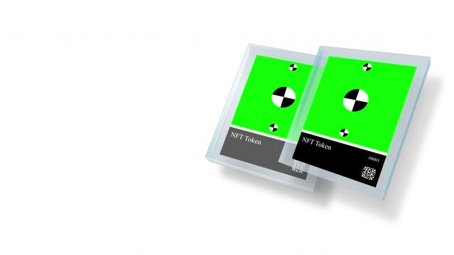 Two NFT digital collectible card with green screen isolated on white background. 3d render animation with chroma key for mockup. 3D Animation. Screen has tracking markers.