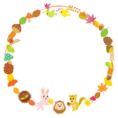 秋の葉っぱや食べ物と森の動物たちの丸いフレーム
