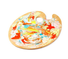 Wooden artist's palette with mixed paints isolated on white
