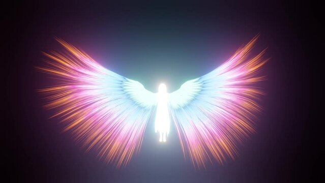 Angel spreading wings. Loop of glowing blue angel flying 3D rendering spiritual animation.