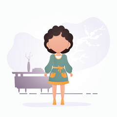 Little girl child in flat style. Poster with a teenage girl who is depicted in full growth. Vector.