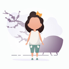 Cute girl in cartoon style. Poster with a teenage girl who is depicted in full growth. Vector.