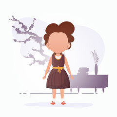 Cute girl in cartoon style. Poster with a teenage girl who is depicted in full growth. Vector illustration.