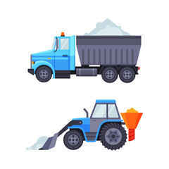 Snowplow truck and tractor set. Professional industrial transport for road cleaning vector illustration