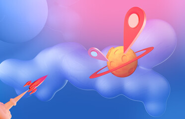 Cartoon rocket flying to the taget on new planet. 3d Render. 3d cartoon blue space