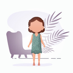 Cute girl in cartoon style. Poster with a teenage girl who is depicted in full growth. Vector.