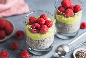 Vegan chia seed pudding with raspberries in a glass, closeup view. Healthy dessert