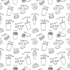 Fast food with lettering seamless pattern vector illustration, hand drawing doodles