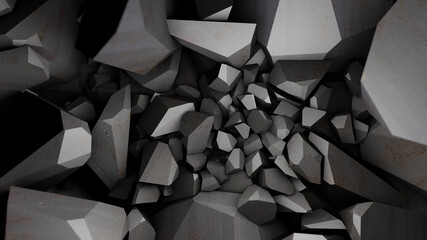 Destroyed stones close-up. The texture is broken rock. 3d render illustration