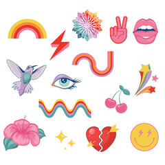 Retro icons in vibrant colors.