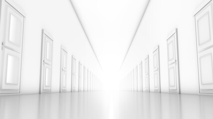 Long corridor with a lot of doors, 3d render illustration