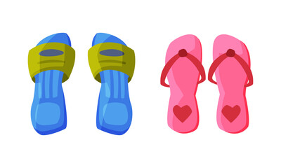 Pairs of flip flops set. Summer vacation accessories cartoon vector illustration